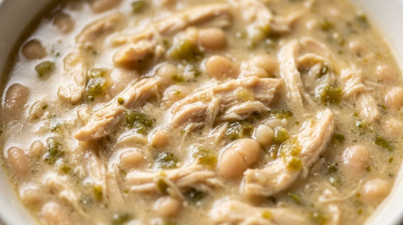 White chicken chili with shredded chicken, white beans, and green chiles in a creamy broth served in a bowl.