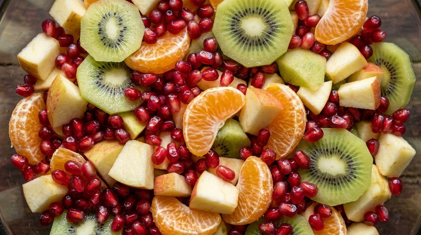 Winter fruit salad with pomegranate arils, mandarin oranges, kiwi, and diced apple in a white bowl.