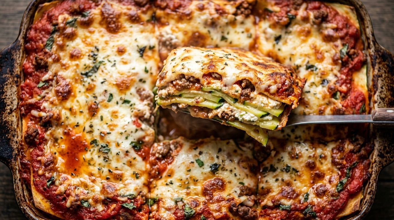 Zucchini lasagna in a baking dish with golden bubbling mozzarella and a lifted slice showing layers of zucchini and ricotta.