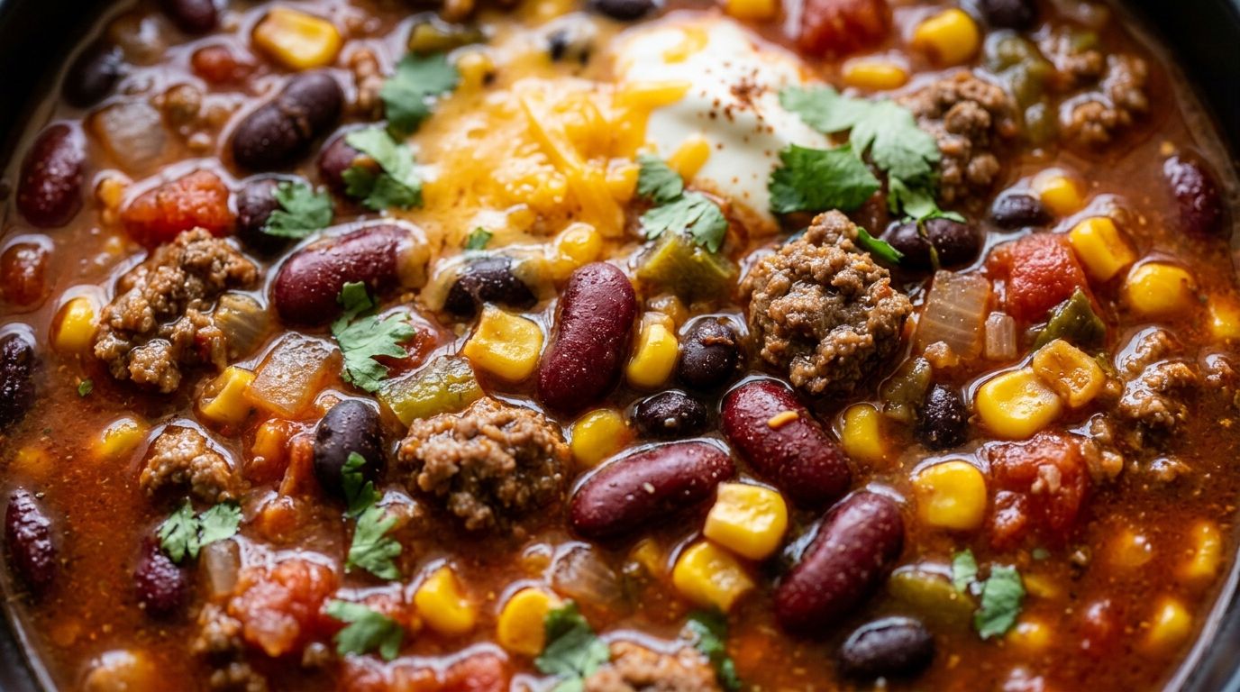 A bowl of thick taco soup with ground beef, kidney beans, corn, and red broth in a dark ceramic bowl.