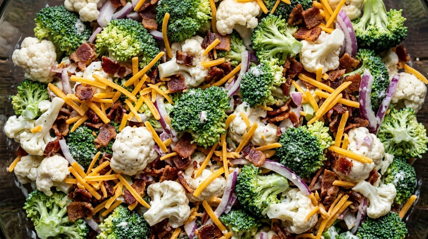 Amish broccoli salad with cauliflower, crumbled bacon, shredded cheddar, and red onion in a white bowl.