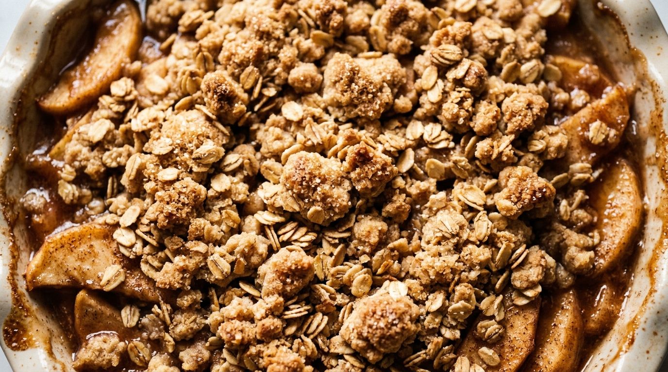 Apple crumble pie in a glass dish with golden oat streusel topping and cinnamon-spiced apple filling visible at the edges.