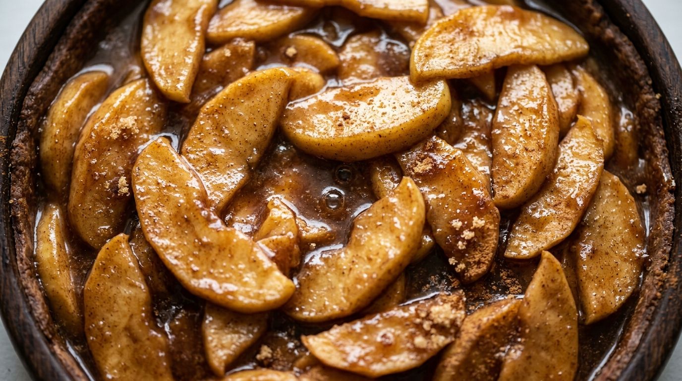 Thick cinnamon apple pie filling with glossy brown sugar glaze and tender Granny Smith apple slices in a saucepan.