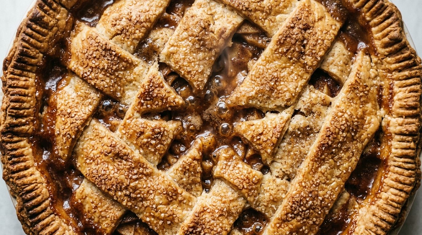 Overhead view of a golden double-crust apple pie with crackled sugar topping and crimped pastry edges.