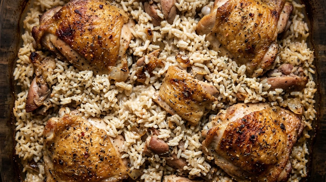 Baked chicken thighs with crispy golden skin over fluffy seasoned rice in a white baking dish.