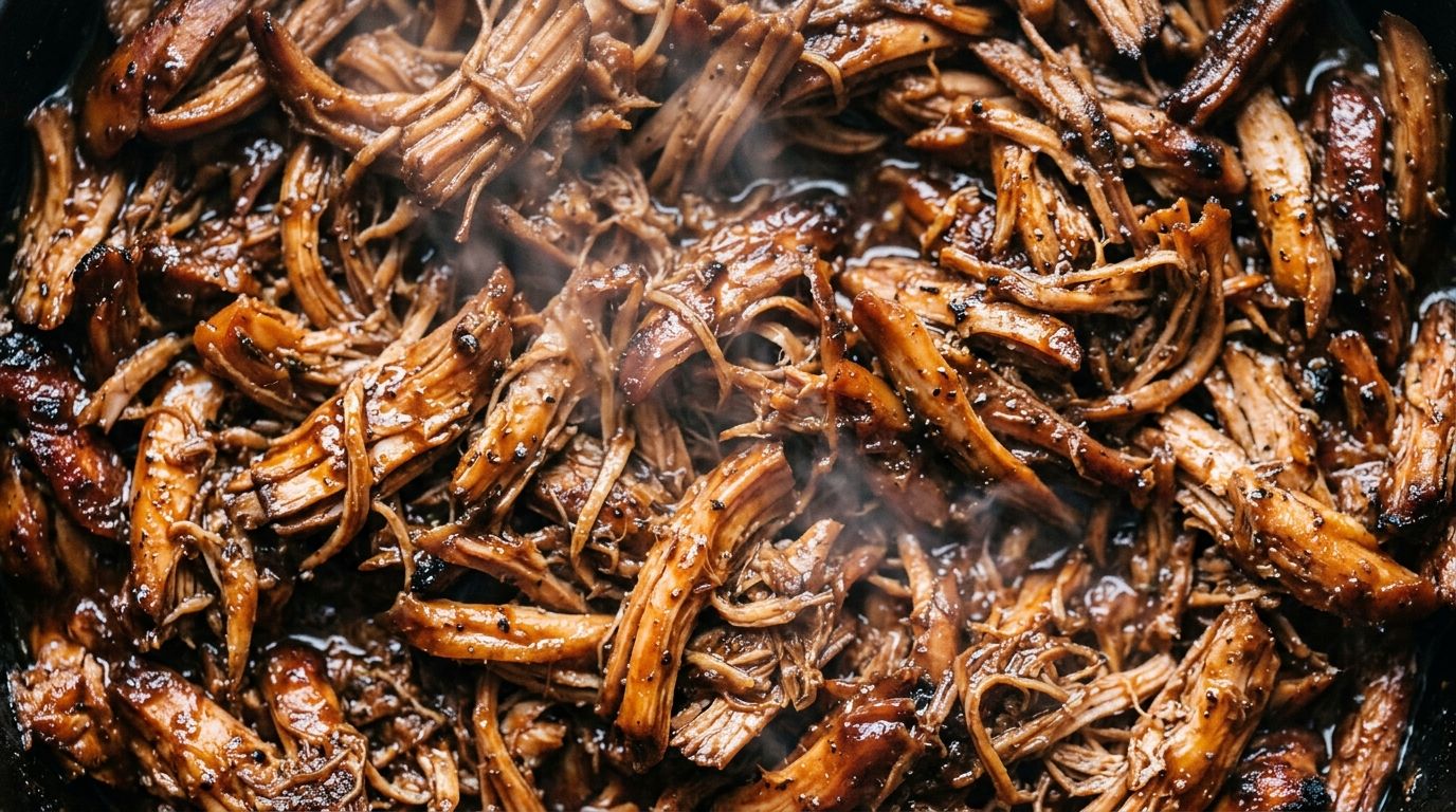 BBQ shredded chicken piled high in a slow cooker with glossy dark sauce and caramelized edges on a dark oak surface.