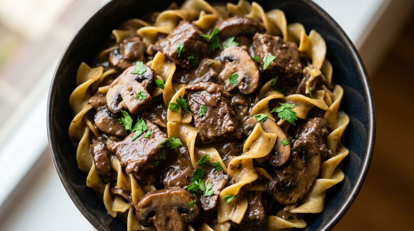 Beef stroganoff with stew meat over wide egg noodles in a creamy mushroom sauce garnished with fresh parsley.