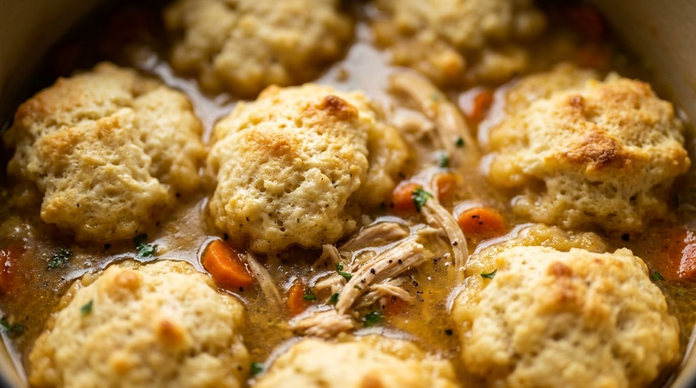 Bisquick chicken and dumplings in a Dutch oven with fluffy dumplings floating in golden herb broth.