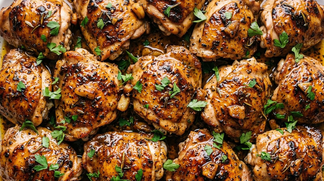 Golden seared boneless skinless chicken thighs in glossy garlic herb sauce with fresh parsley on a dark surface.