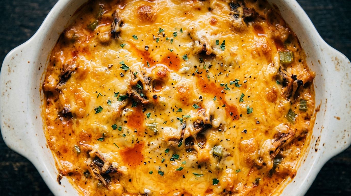 A white ceramic baking dish of bubbly golden buffalo chicken dip made with canned chicken on a dark oak surface.