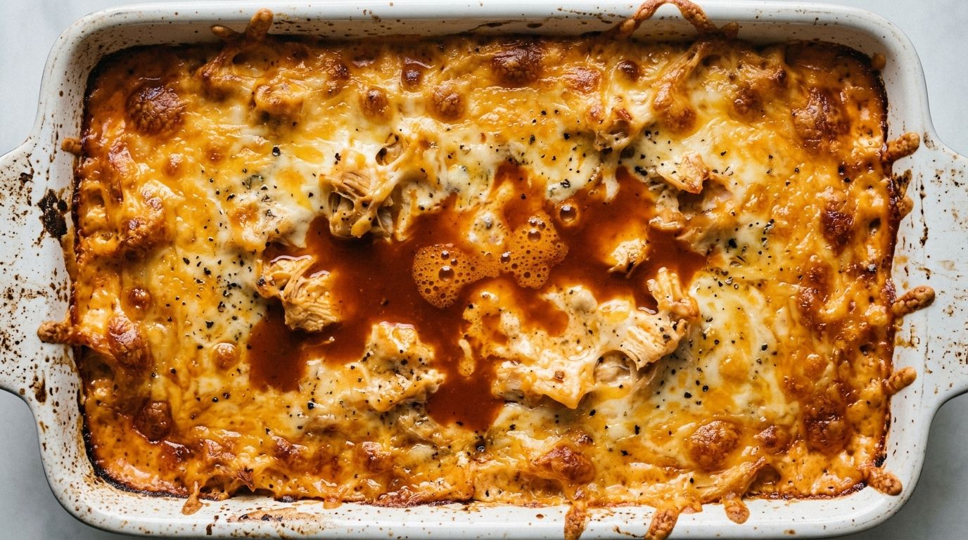 Buffalo ranch chicken dip with golden bubbling cheese crust in a white ceramic baking dish on a dark oak board.