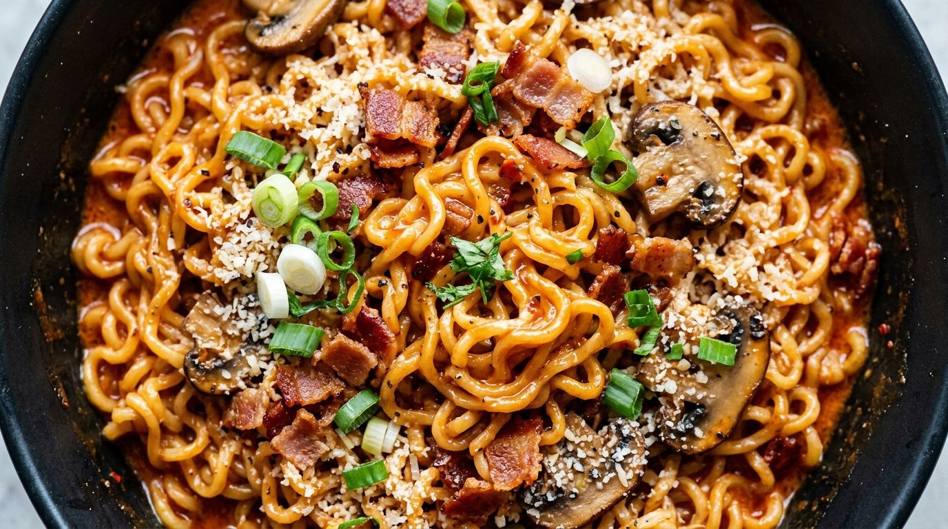 Spicy buldak ramen carbonara in a black bowl with bacon, mushrooms, and Parmesan