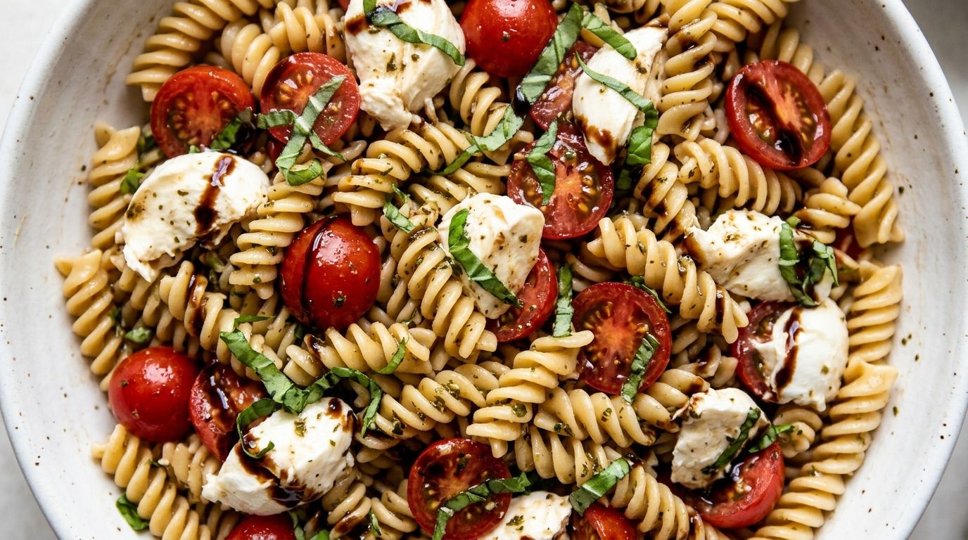 Caprese pasta salad with fusilli, cherry tomatoes, torn mozzarella, and basil in a white ceramic bowl.