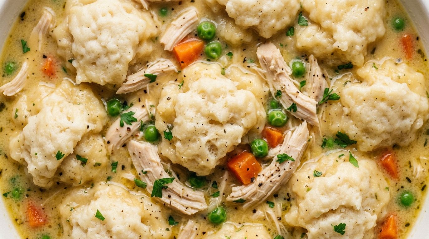 Creamy chicken and dumplings in a white pot with fluffy drop dumplings, shredded chicken, carrots, and peas.