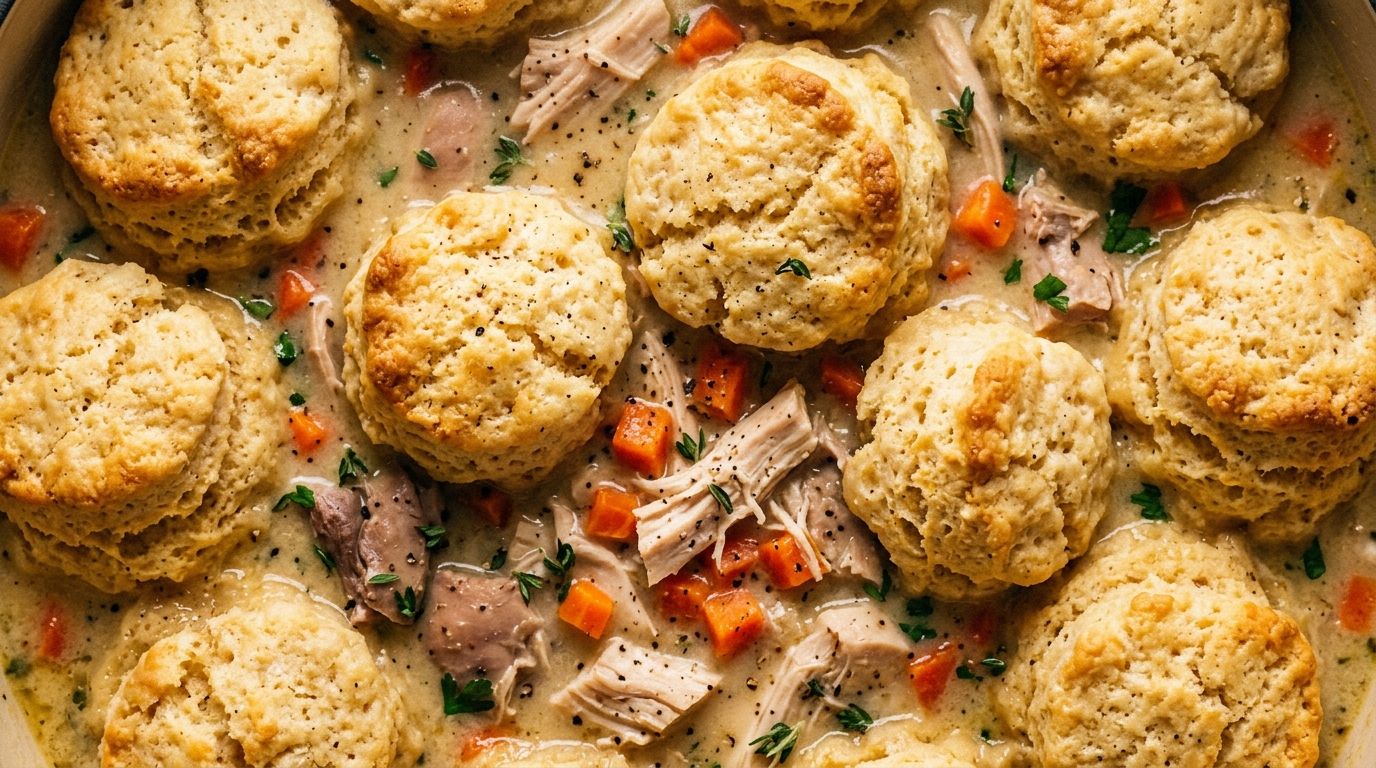Chicken and dumplings with biscuits in a Dutch oven, fluffy biscuit dumplings in creamy chicken broth with carrots and parsley.