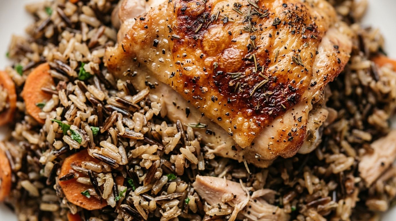 Bone-in chicken thighs with golden crispy skin resting on cooked wild rice with carrots and herbs in a baking dish.