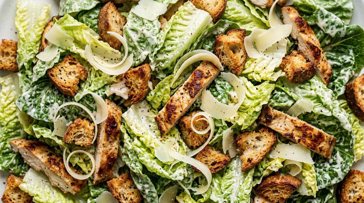 Chicken caesar salad with sliced pan-seared chicken, romaine, garlic croutons, and shaved Parmesan on a white plate.