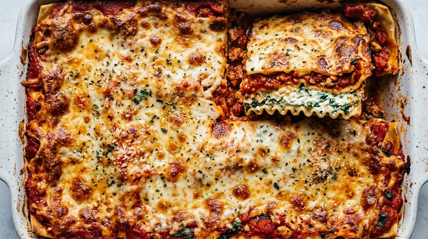 Overhead view of chicken lasagna in a baking dish with golden bubbling mozzarella and parmesan crust.