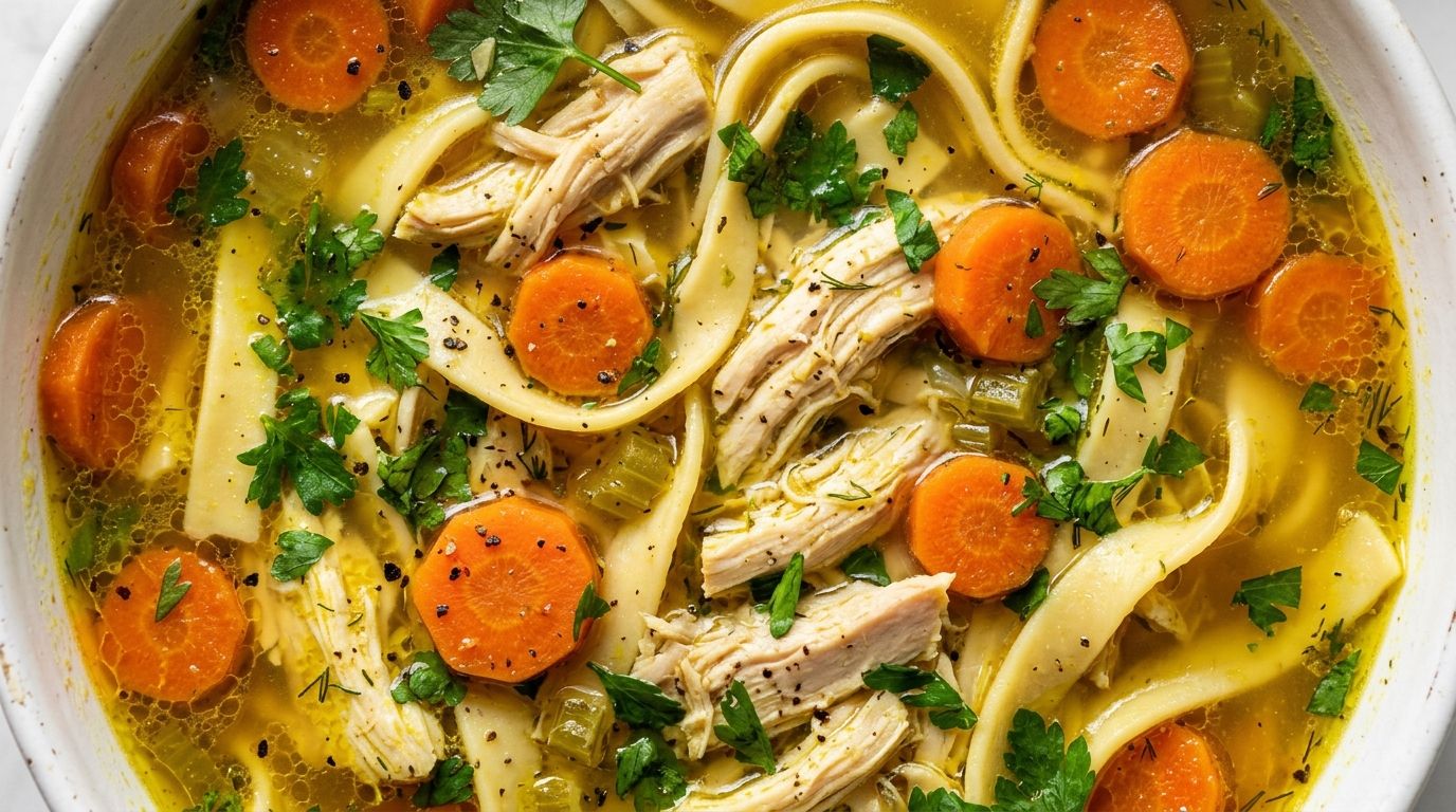 Golden chicken noodle soup with egg noodles, shredded chicken, carrot coins, and parsley in a white ceramic bowl.