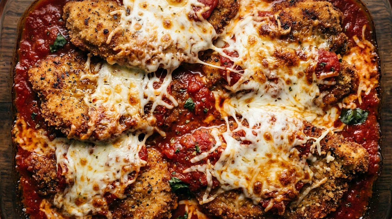 Golden crispy chicken parmesan cutlets with bubbling mozzarella and red marinara sauce in a baking dish.