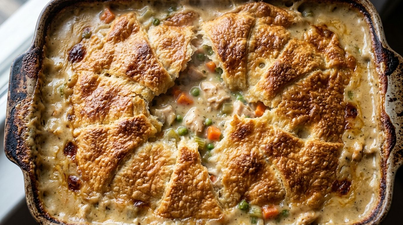Chicken pot pie casserole in a white baking dish with golden crescent roll crust and creamy chicken filling visible at edges.