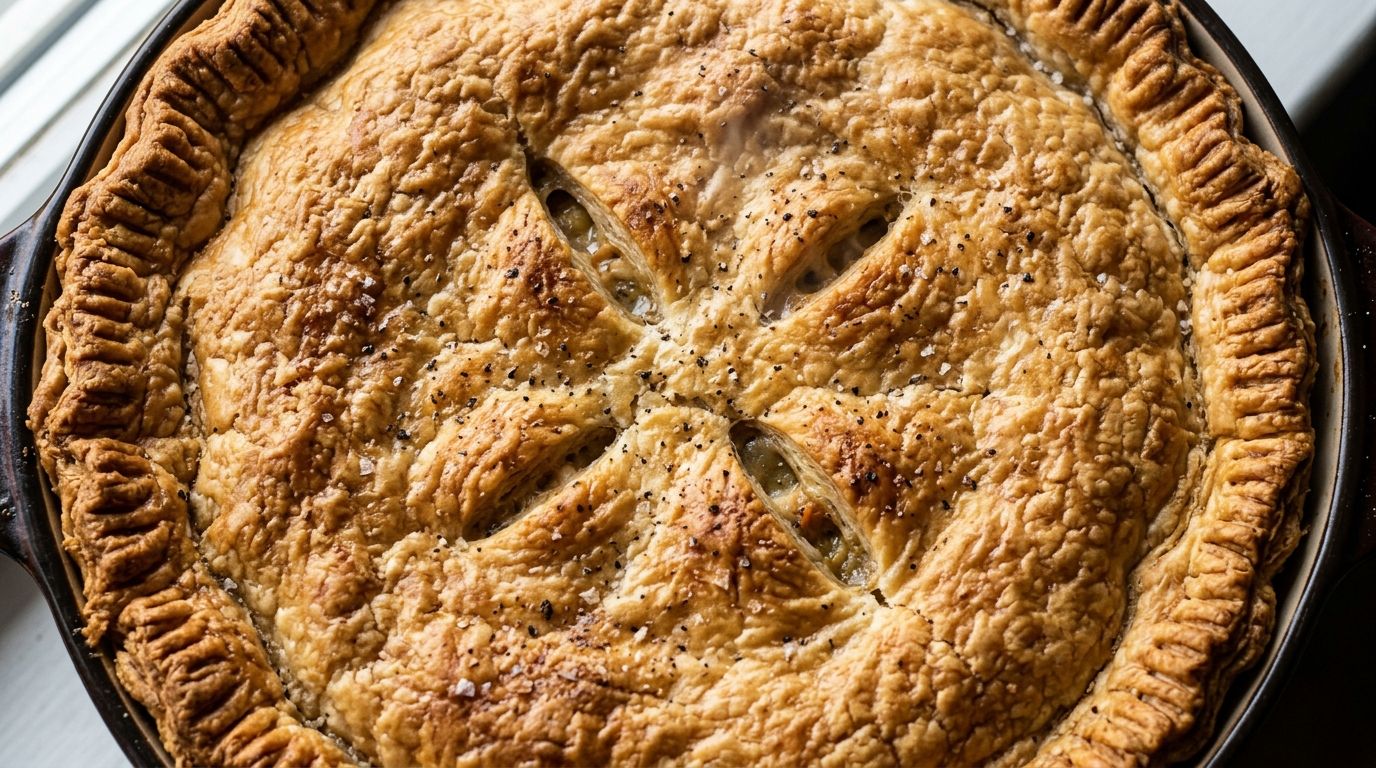 Golden flaky chicken pot pie with a double crust in a ceramic pie dish on a wooden board.