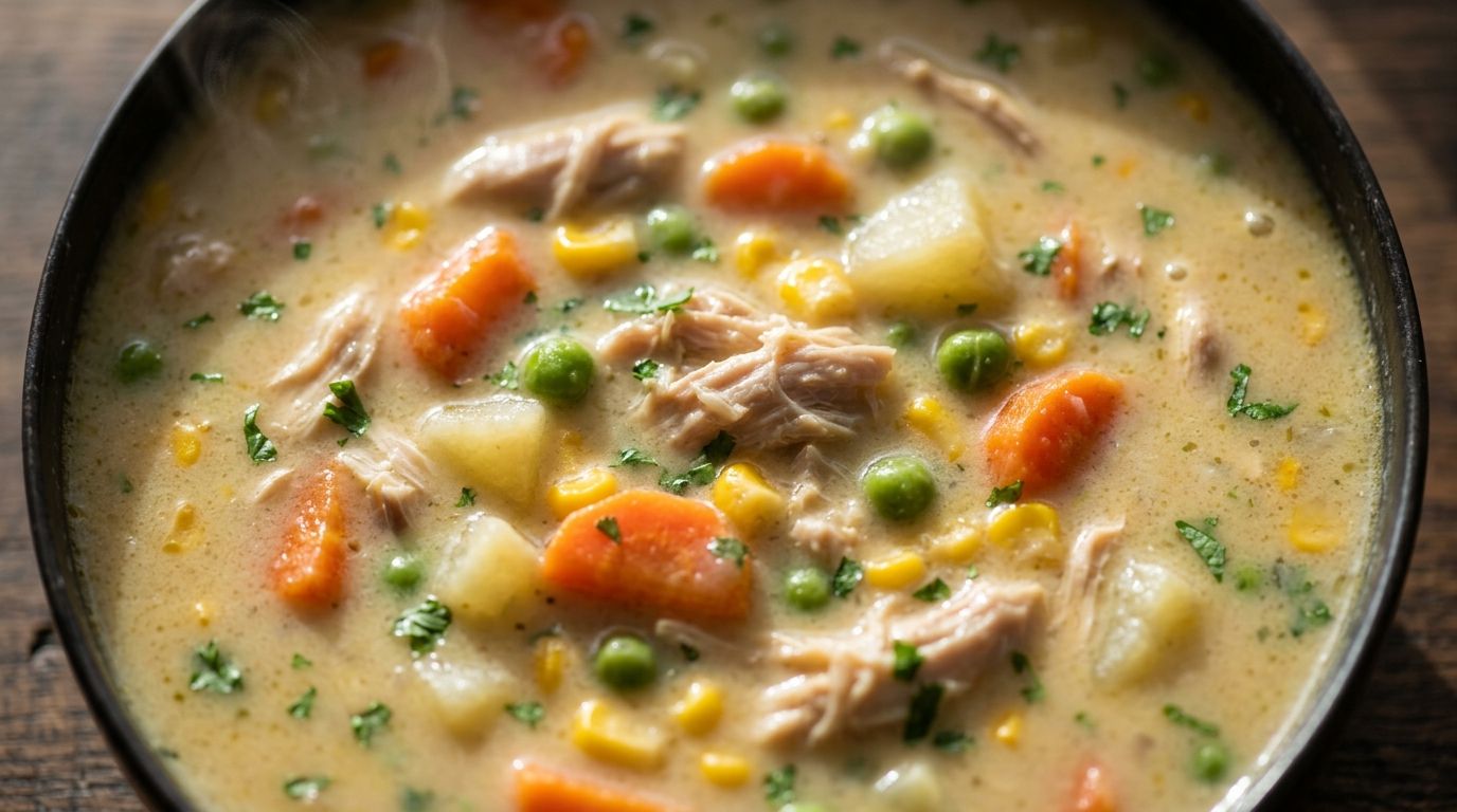 Creamy chicken pot pie soup in a white bowl with tender chicken, carrots, potatoes, peas, and fresh parsley.