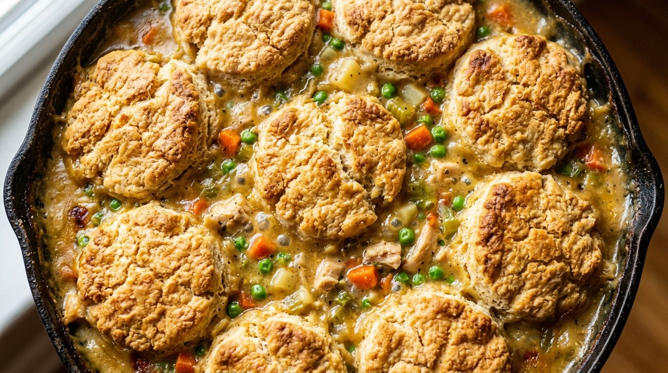 Chicken pot pie with biscuits in a cast-iron skillet with golden biscuit tops and bubbling creamy filling.