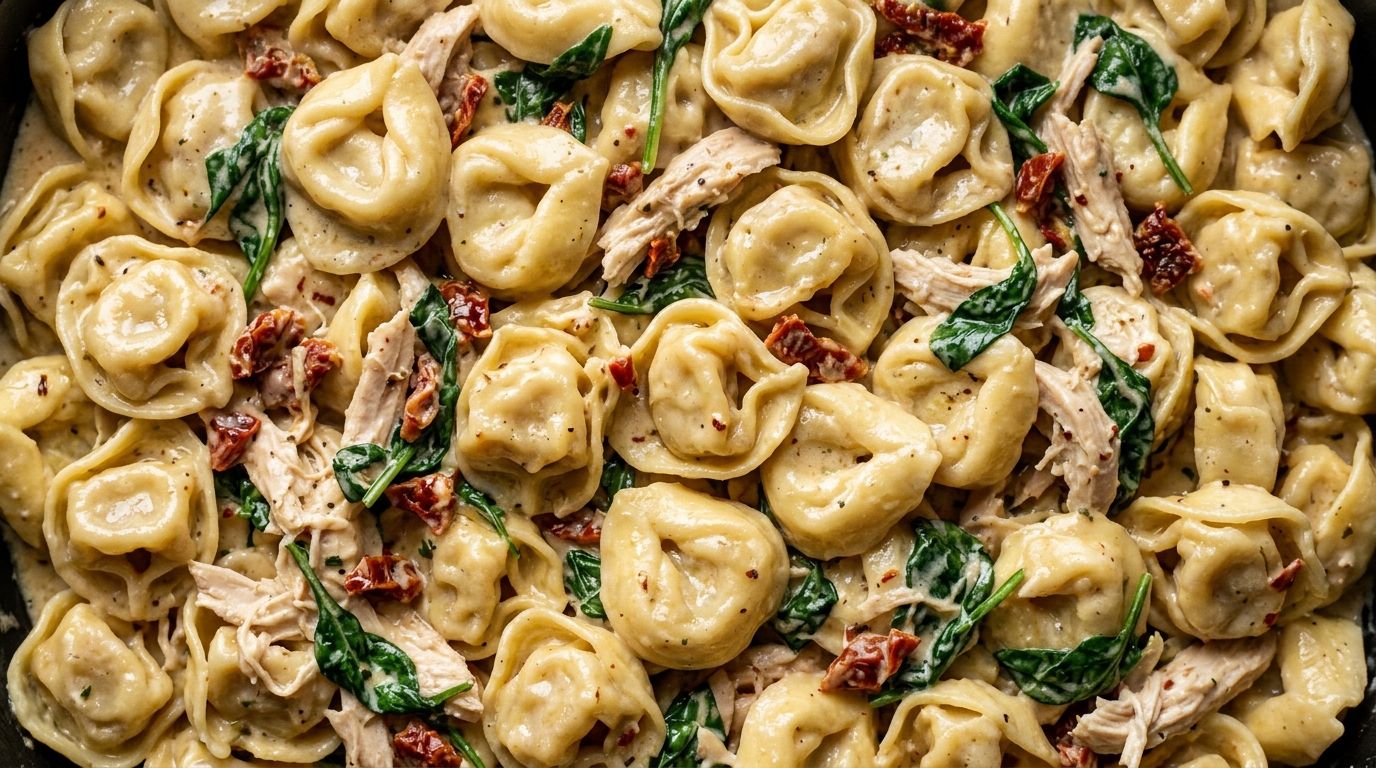 Creamy chicken tortellini with sun-dried tomatoes and spinach in a glossy Parmesan sauce in a skillet.