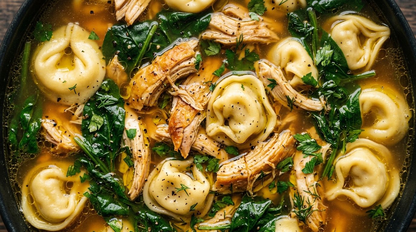 Overhead bowl of chicken tortellini soup with shredded chicken, cheese tortellini, and spinach in amber broth, topped with fresh parsley.
