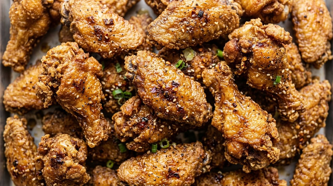 Chinese fried chicken wings golden and crispy piled on a dark oak board.