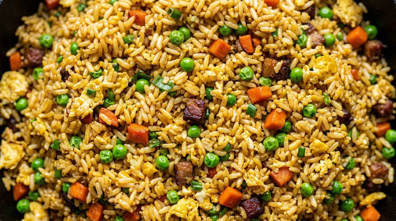 Chinese fried rice with scrambled egg, carrots, green peas, and sliced green onion in a cast-iron skillet on dark wood.