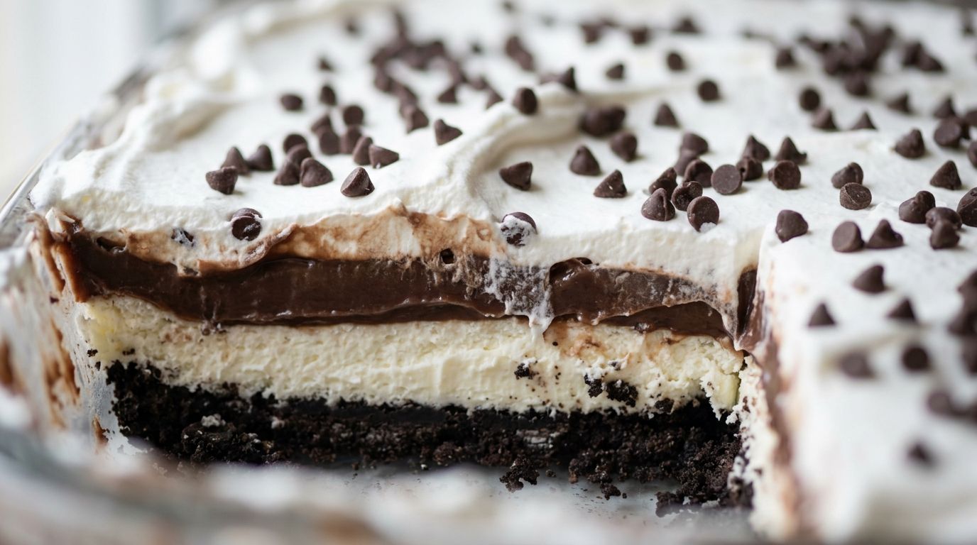 Chocolate lasagna in a glass dish showing distinct layers of Oreo crust, cream cheese, chocolate pudding, and Cool Whip topping.