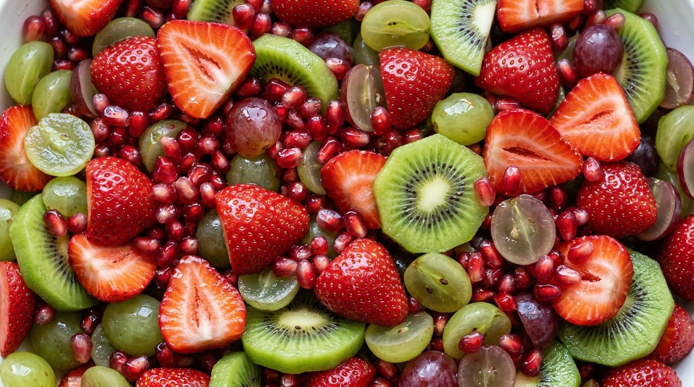 Overhead view of christmas fruit salad with red strawberries, green kiwi, grapes, and pomegranate seeds.