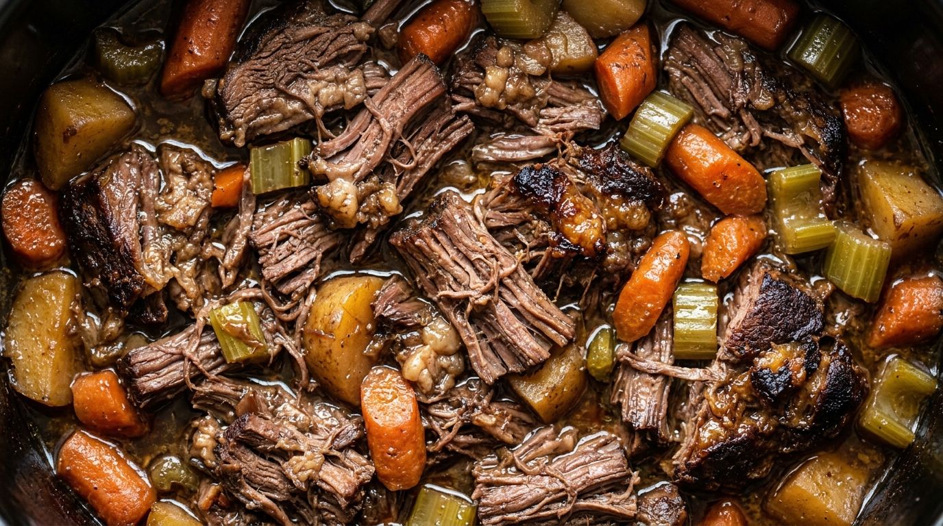 Shredded chuck roast in a slow cooker surrounded by carrots, potatoes, and celery in rich brown broth.