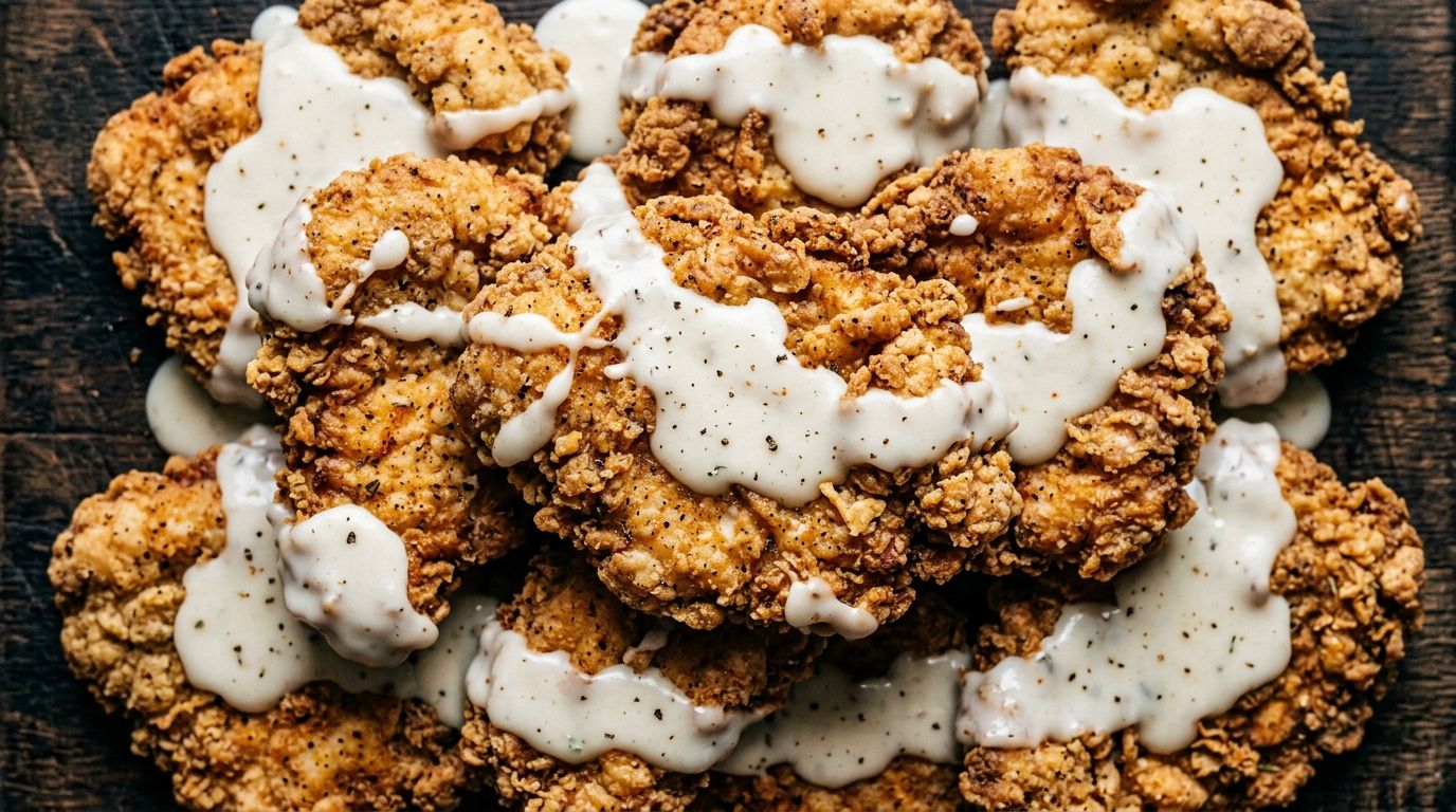 Crispy country fried chicken cutlets covered in white country gravy on a dark oak surface.