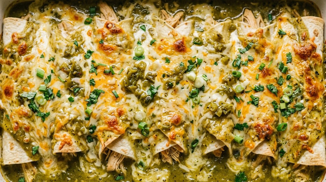 Cream cheese chicken enchiladas baked in a casserole dish with golden bubbling Monterey Jack cheese and green enchilada sauce