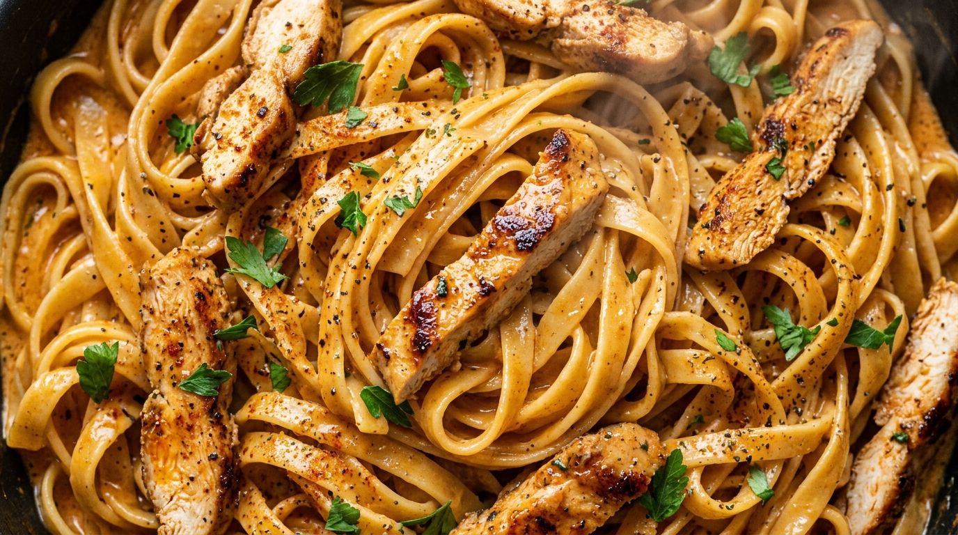 Creamy cajun chicken pasta with fettuccine, sliced seared chicken, and parsley in a skillet on dark wood.