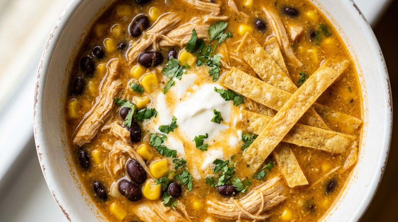 Creamy chicken tortilla soup in a white bowl with sour cream, cilantro, and tortilla strips on a dark oak surface.
