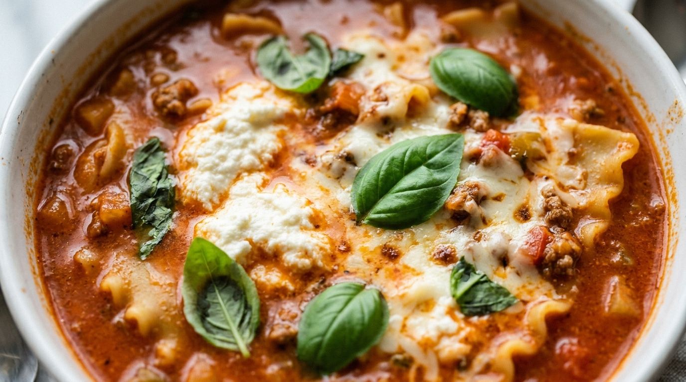Creamy lasagna soup in a white bowl topped with ricotta, mozzarella, and fresh basil on a dark oak surface.