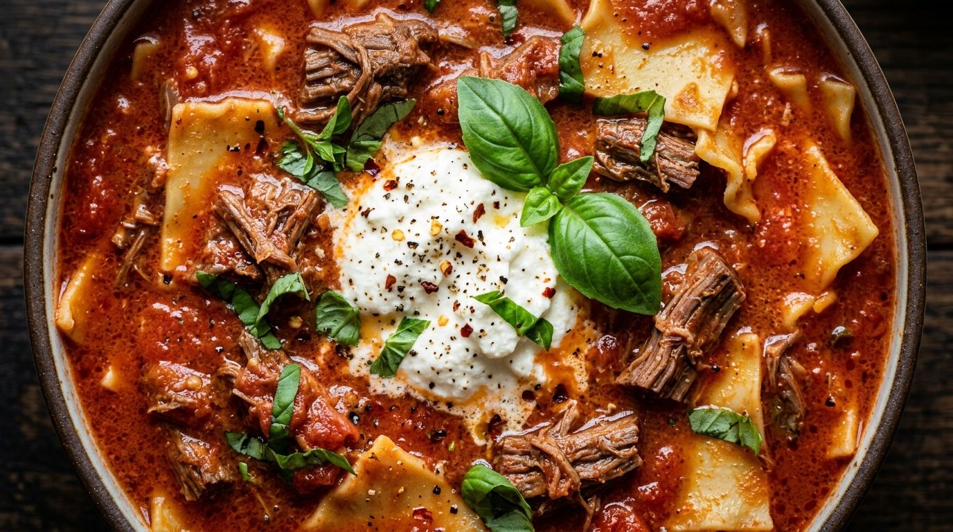 Creamy lasagna soup in a bowl topped with ricotta, Parmesan, and fresh basil on a dark wood surface.