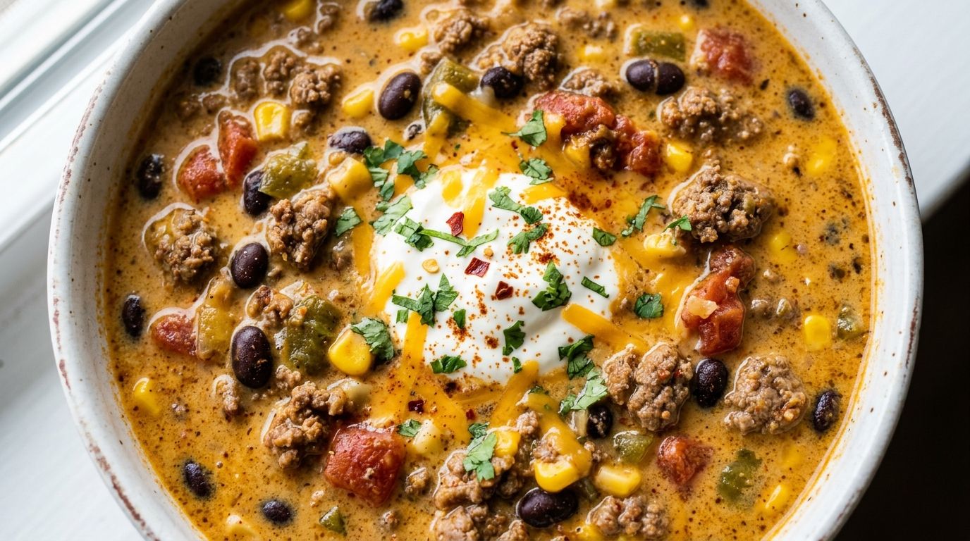 Overhead view of creamy taco soup in a white bowl topped with shredded cheddar, a sour cream dollop, and corn kernels.