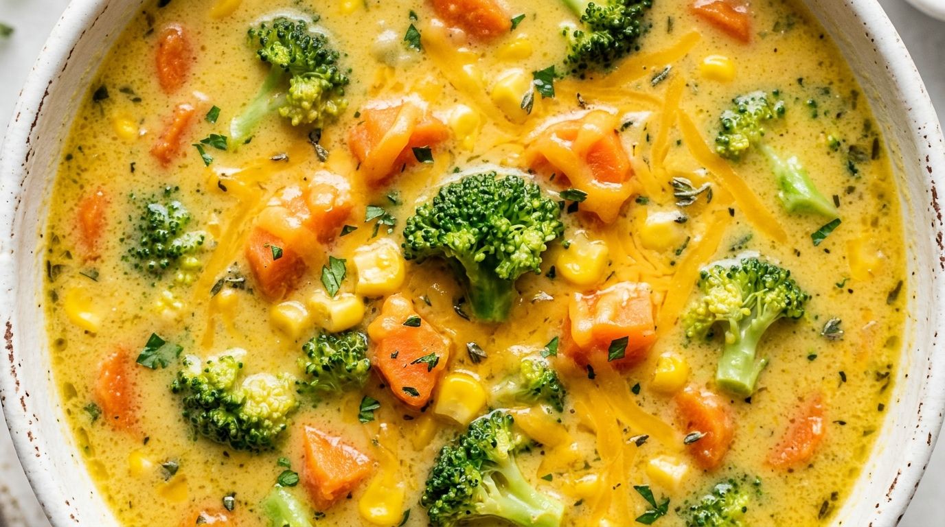 Creamy vegetable soup in a white bowl with broccoli, corn, carrots, and melted cheddar in golden broth.