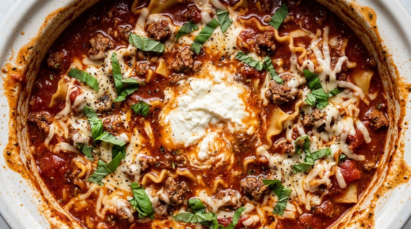 Crock pot lasagna soup in a white bowl with broken noodles, ground beef, tomato broth, and a ricotta cheese dollop on dark oak.
