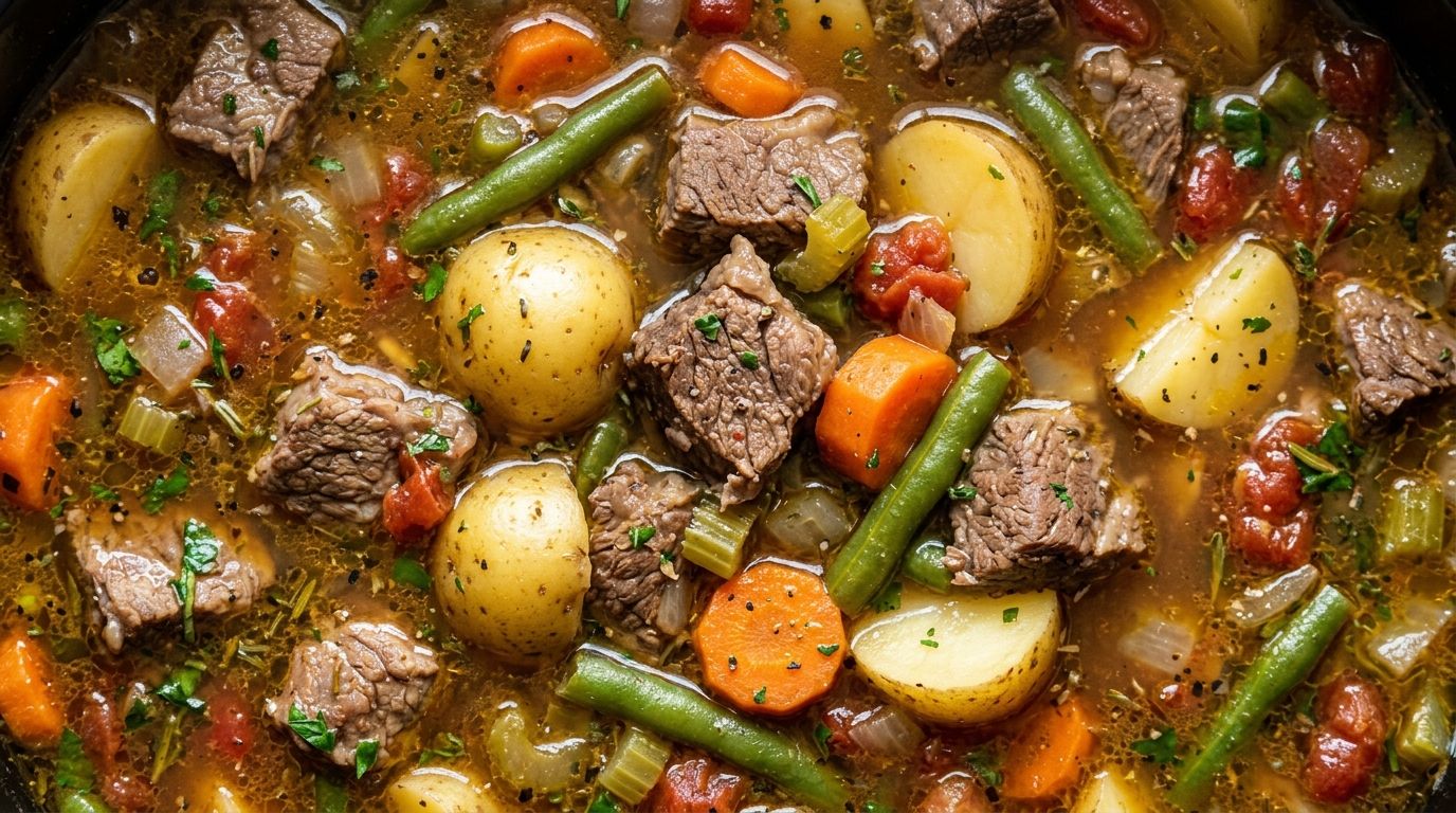Crockpot beef vegetable soup in a white bowl with tender beef, potatoes, carrots, and green beans in a rich amber broth.