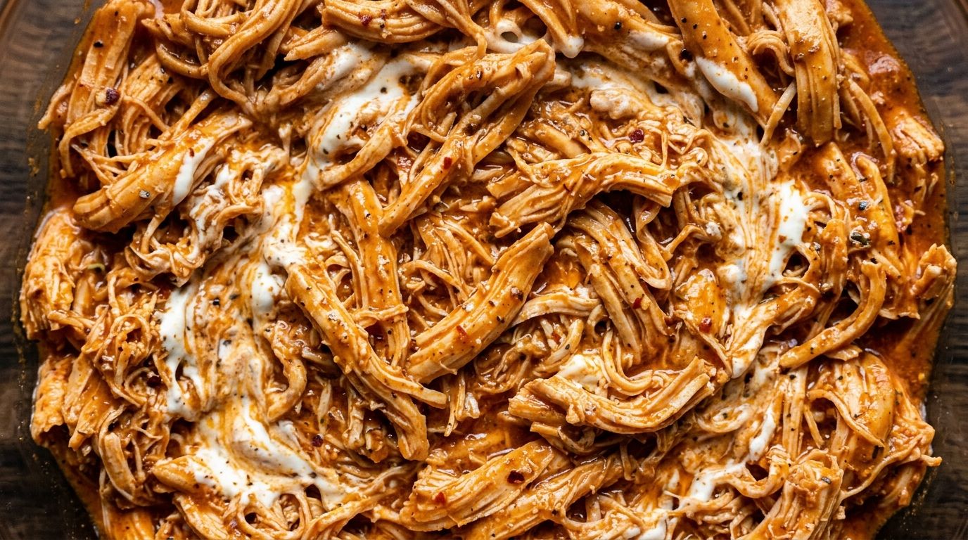 Crockpot buffalo chicken shredded in a slow cooker with orange-red buffalo sauce and cream cheese swirls