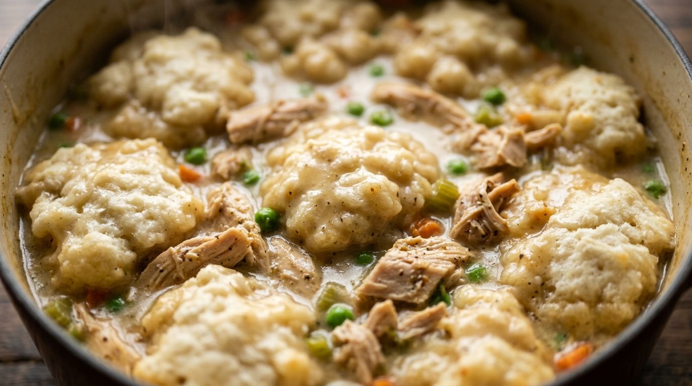 A bowl of creamy crockpot chicken and dumplings with fluffy biscuit dumplings and shredded chicken.