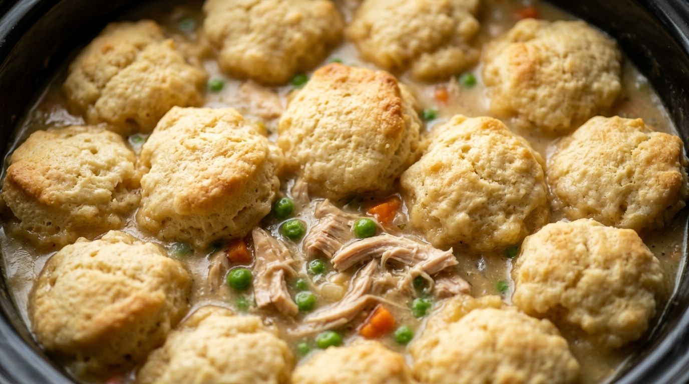 Crockpot chicken and dumplings with fluffy biscuit dumplings and shredded chicken in a white slow cooker