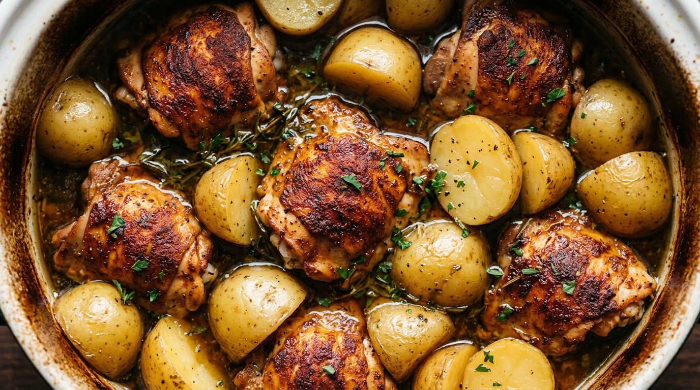 Crockpot chicken and potatoes with golden Yukon Gold potatoes and seasoned chicken breasts in a garlic herb broth in a slow cooker.