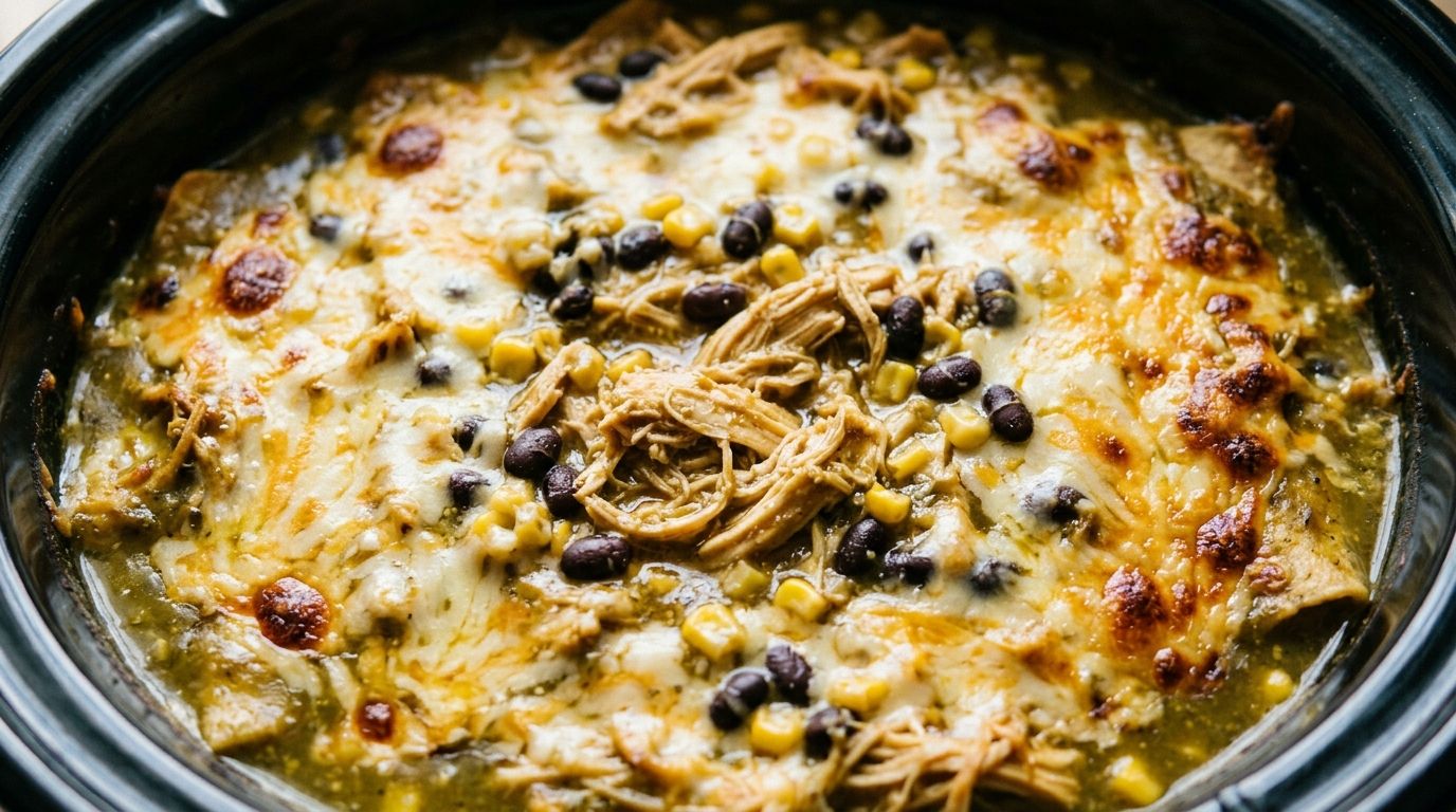 Crockpot chicken enchilada casserole in a slow cooker with melted cheese, black beans, and corn.